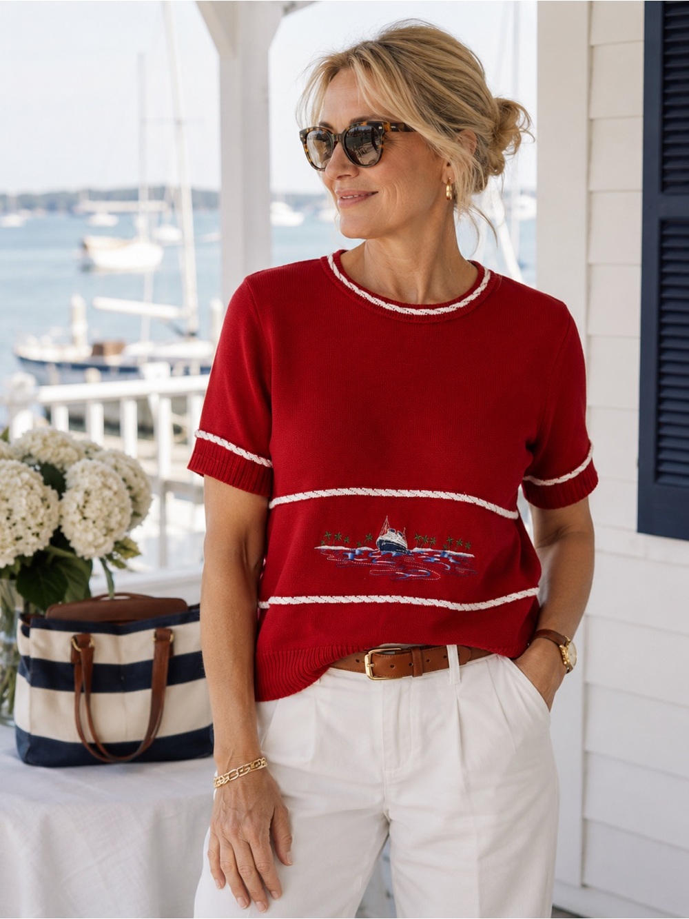Vintage Southern Lady,Nautical, Coastal, Embroidery Short Sleeve Knit Sweater